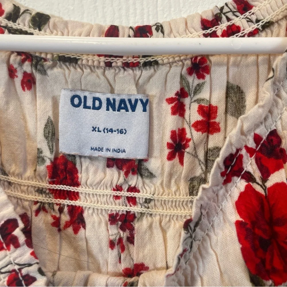 Old Navy Red Fit and Flare Flower Dress with Bishop Sleeves Girls 14-16 🌸​